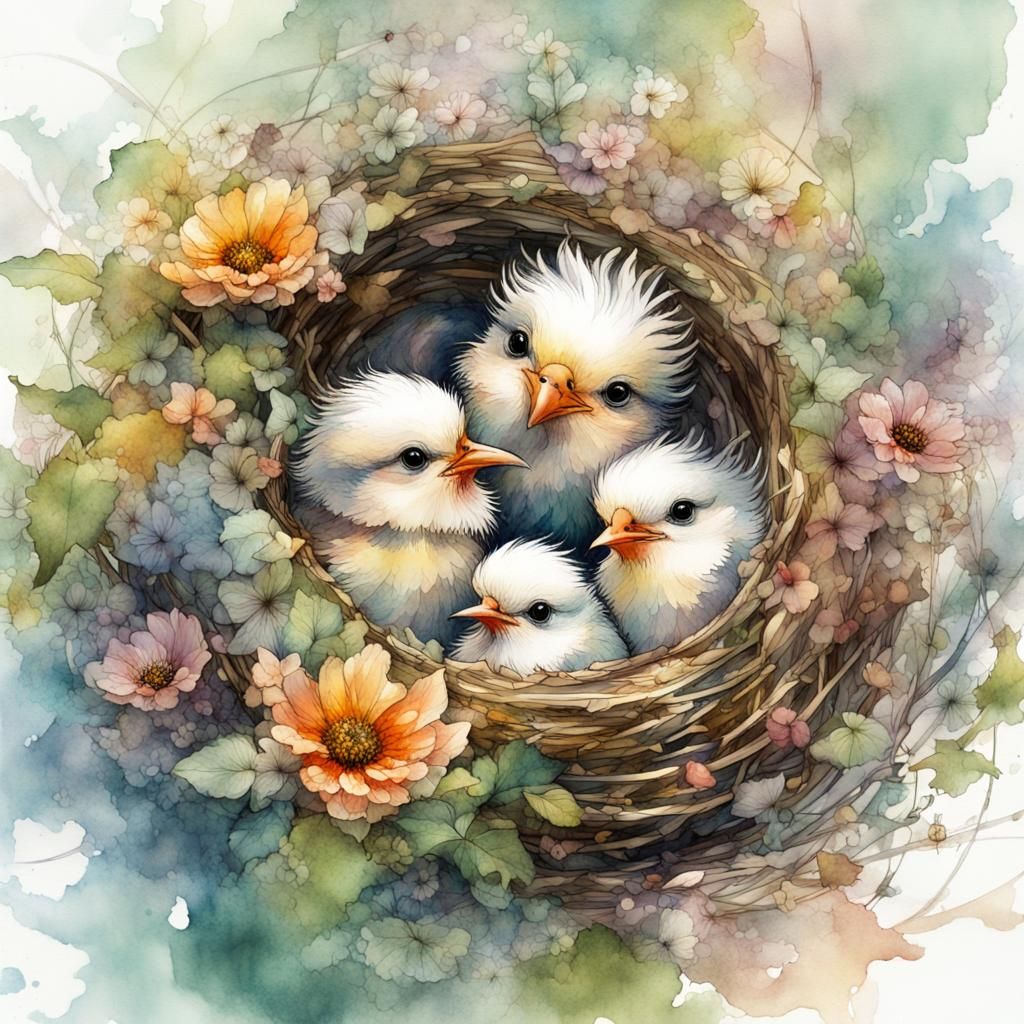 Fuzzy Baby Birds in Floral Summerscape, Watercolor Art