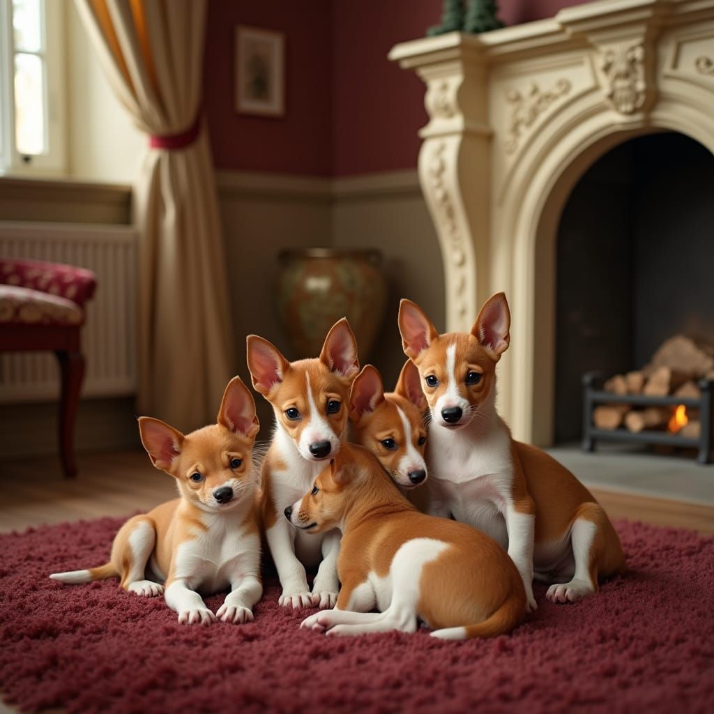 Cute Basenji Puppies Gathered on Plush Carpet in Cozy Living...