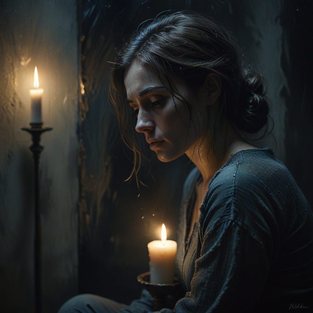 Dark Surrealism: Solitary Figure in Candlelight
