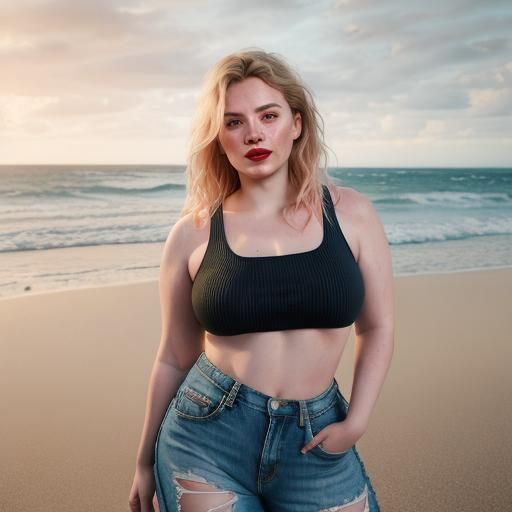 Curvy Woman on Beach: Hyperdetailed Digital Portrait
