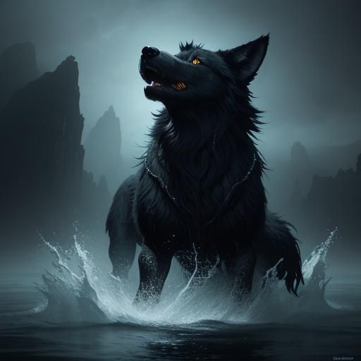 Dramatic Black Wolf in Water, Fantasy Concept Art
