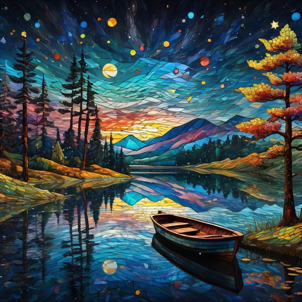 Stained-Glass Boat on Lake at Night