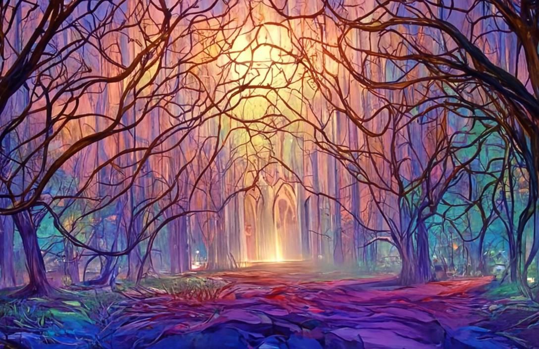 Stained Glass Forest Landscape Digital Art