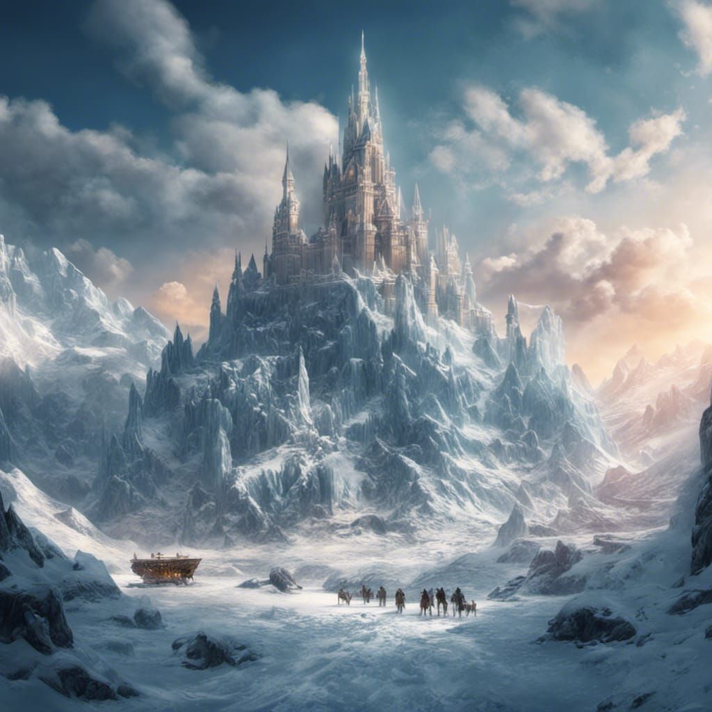 A large winter kingdom sits upon a glacier, glittering in the sunlight. People play in the snow.