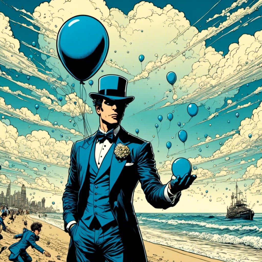 Blue Balloon Head on the Beach in Comic Style