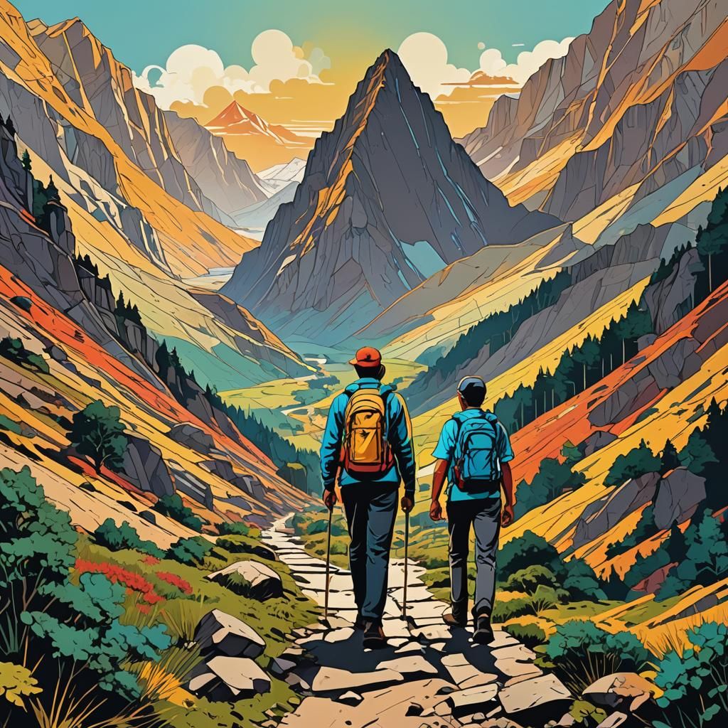 Father and Son Hiking in Pop Art Style