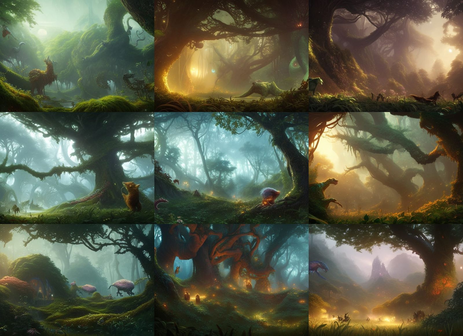 Fantasy Creatures in Lush Twilight Grove