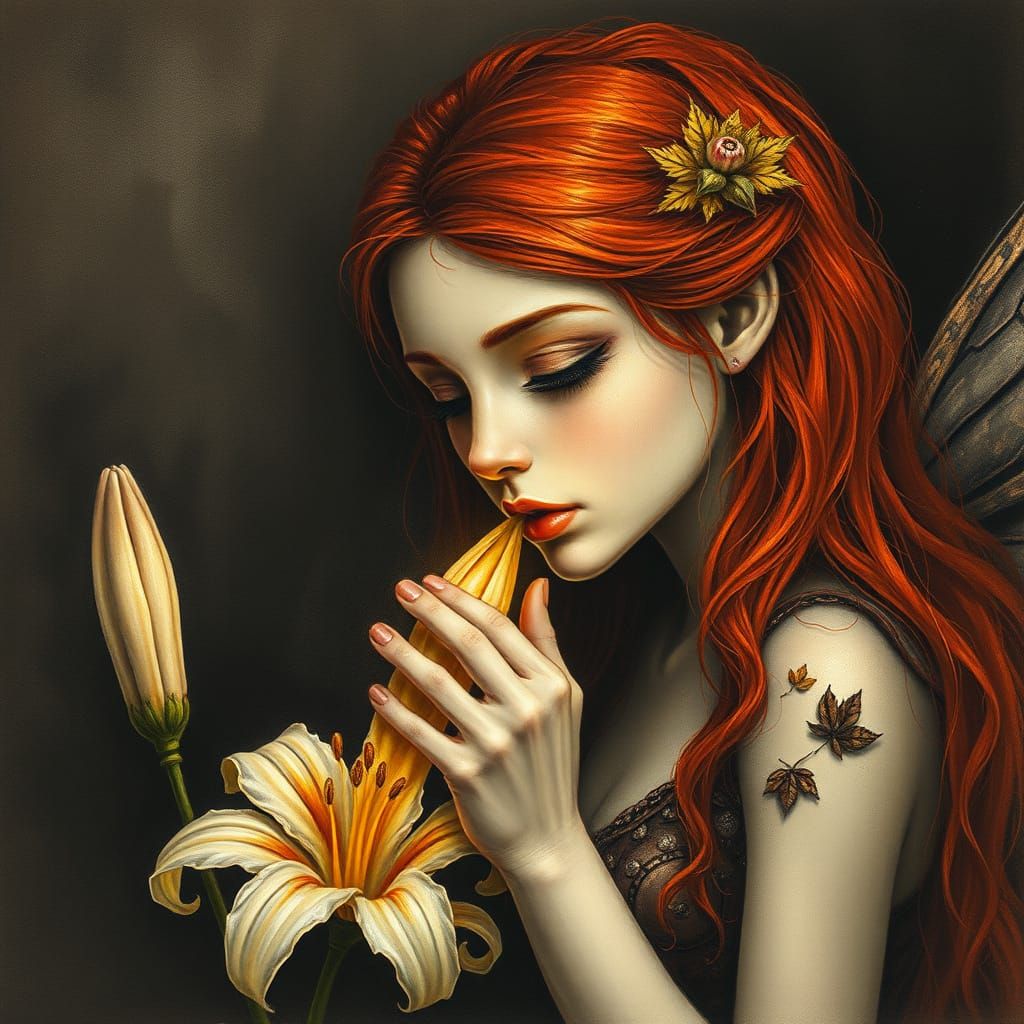 Autumn Fairy Smelling Lily in Charcoal Drawing Style