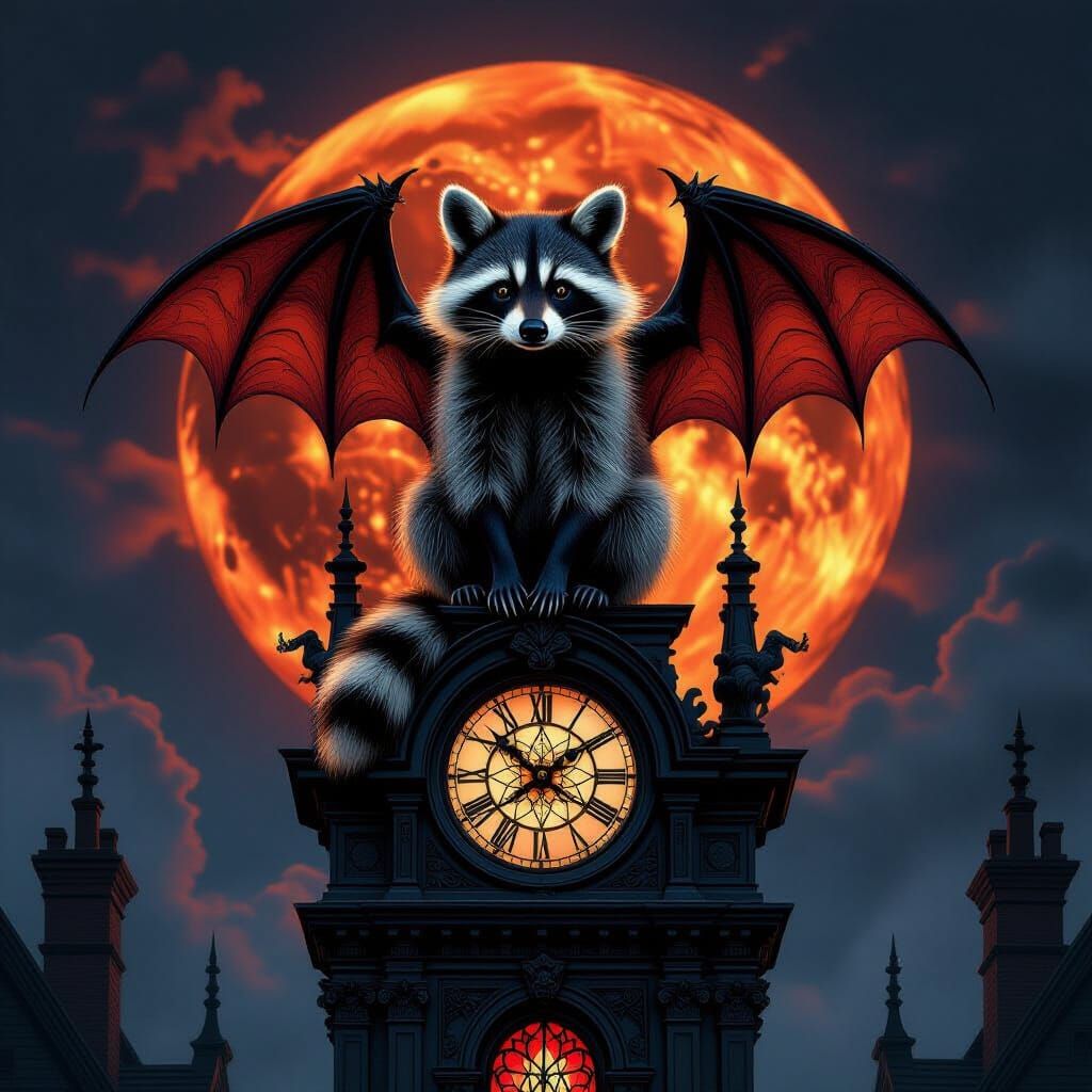 Raccoon Bat Hybrid on Clock Tower in Steampunk Style