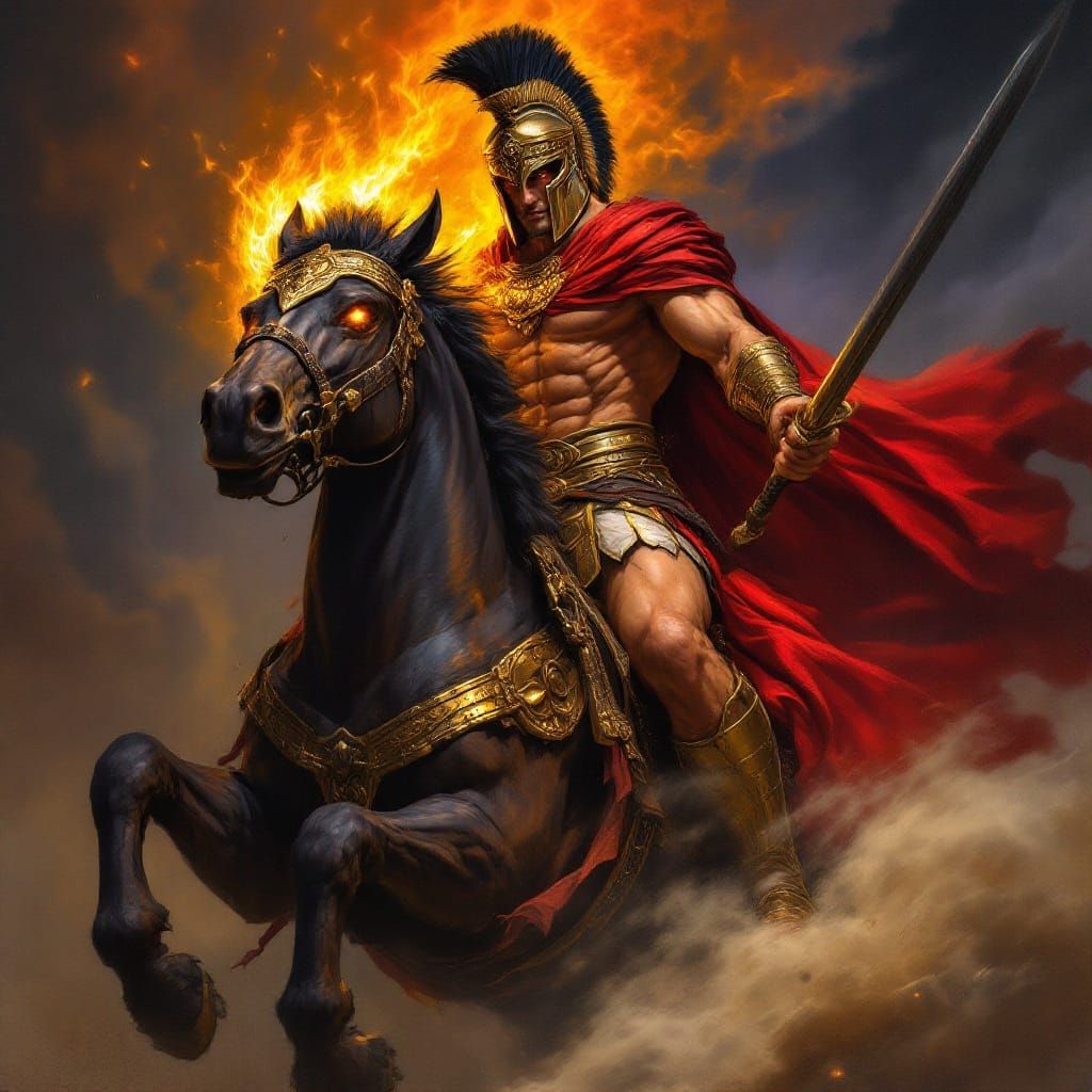 Ares Unleashed: Dark Fantasy War God on Black Warhorse