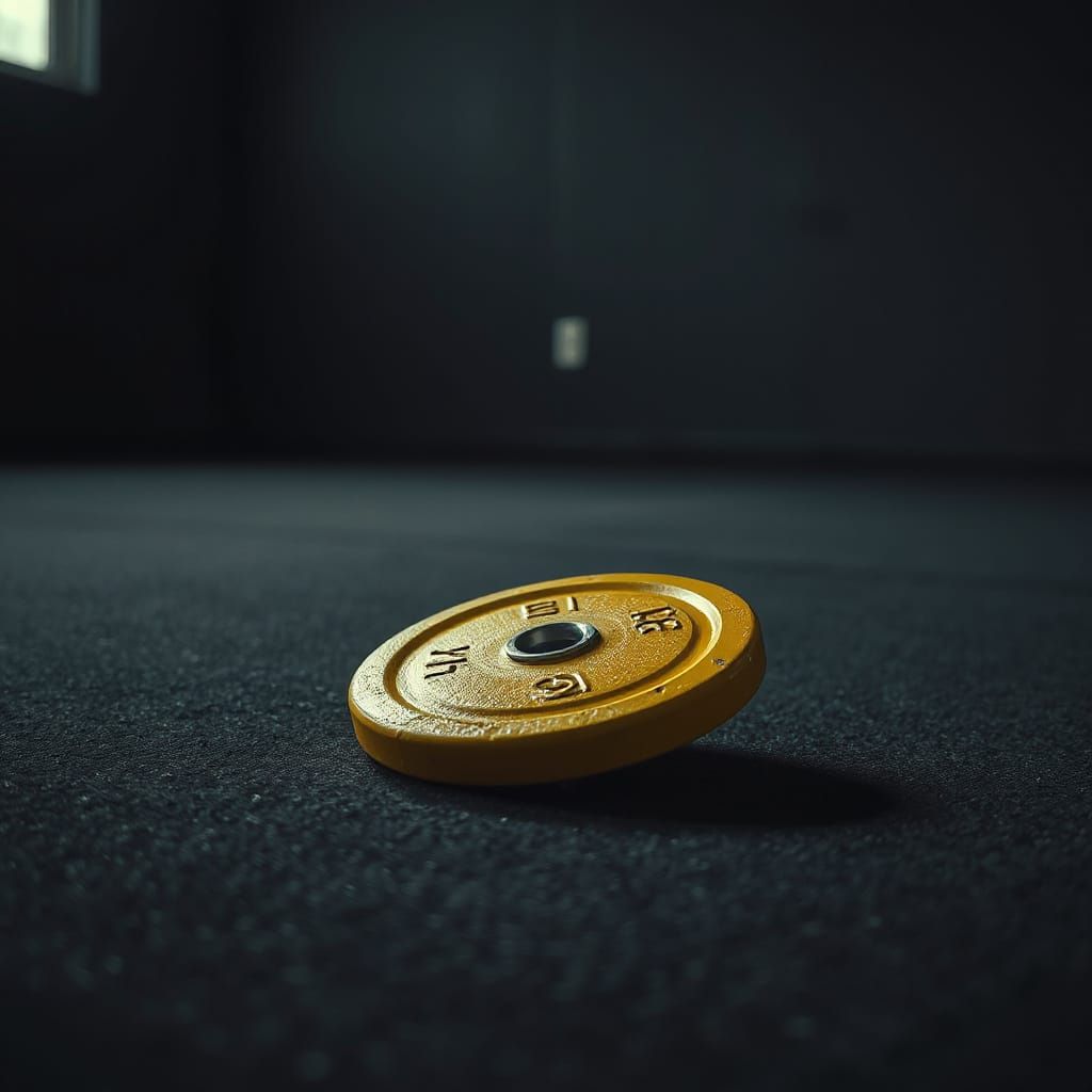 Abandoned Weightlifting Disc in a Moody Gym Scene