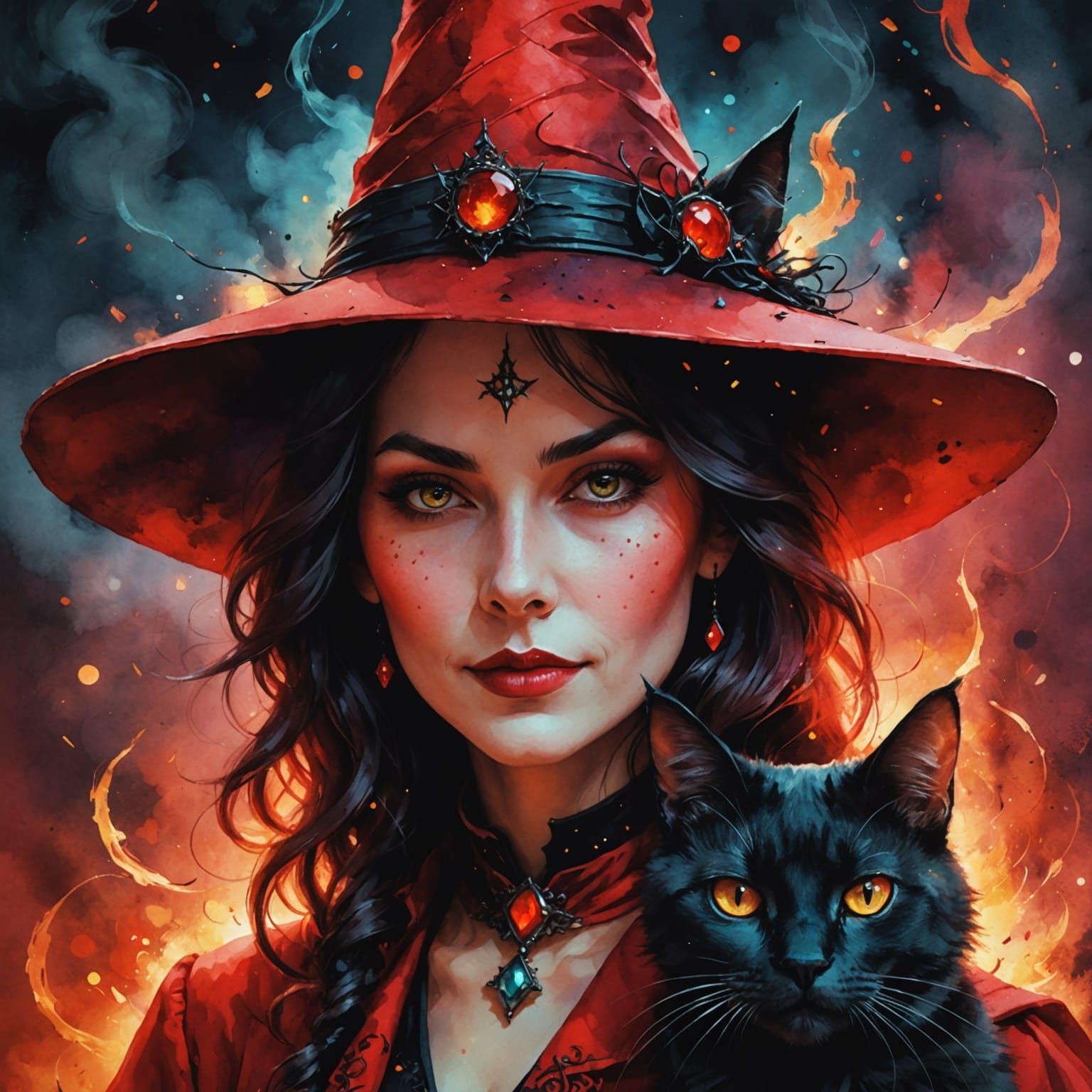 Happy Witch Holds Black Cat Amidst Sparks and Smoke