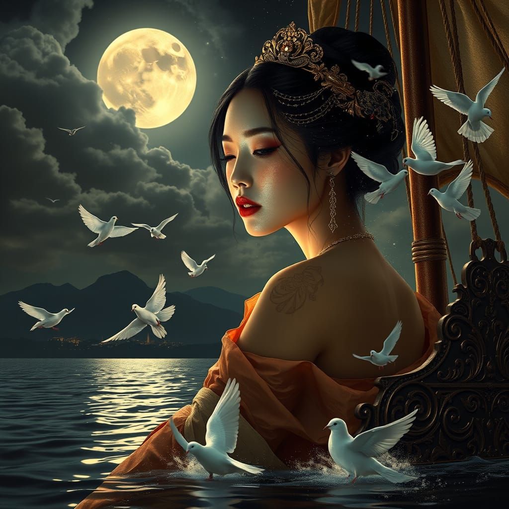 Ethereal Princess Portrait on Mystical River at Night