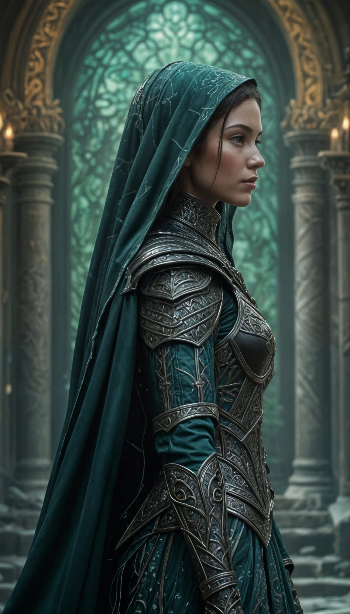Elegant Feminine Warrior in Emerald Gem and Silver Armor