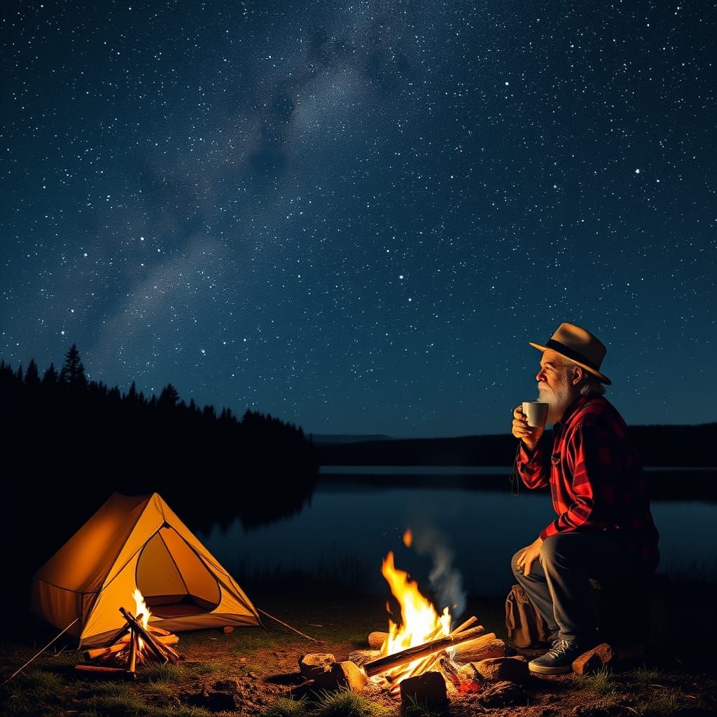 Rustic Lake Camp Under Starry Night