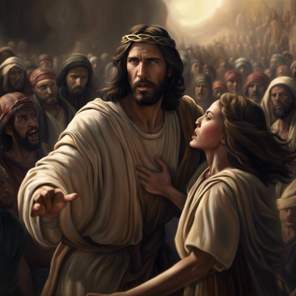Jesus Rescues Woman from Crowd: Detailed Matte Painting