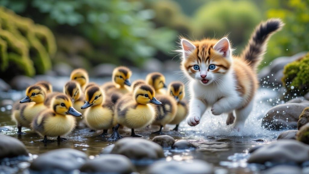 Kitten Chases Ducklings by Mossy Stream