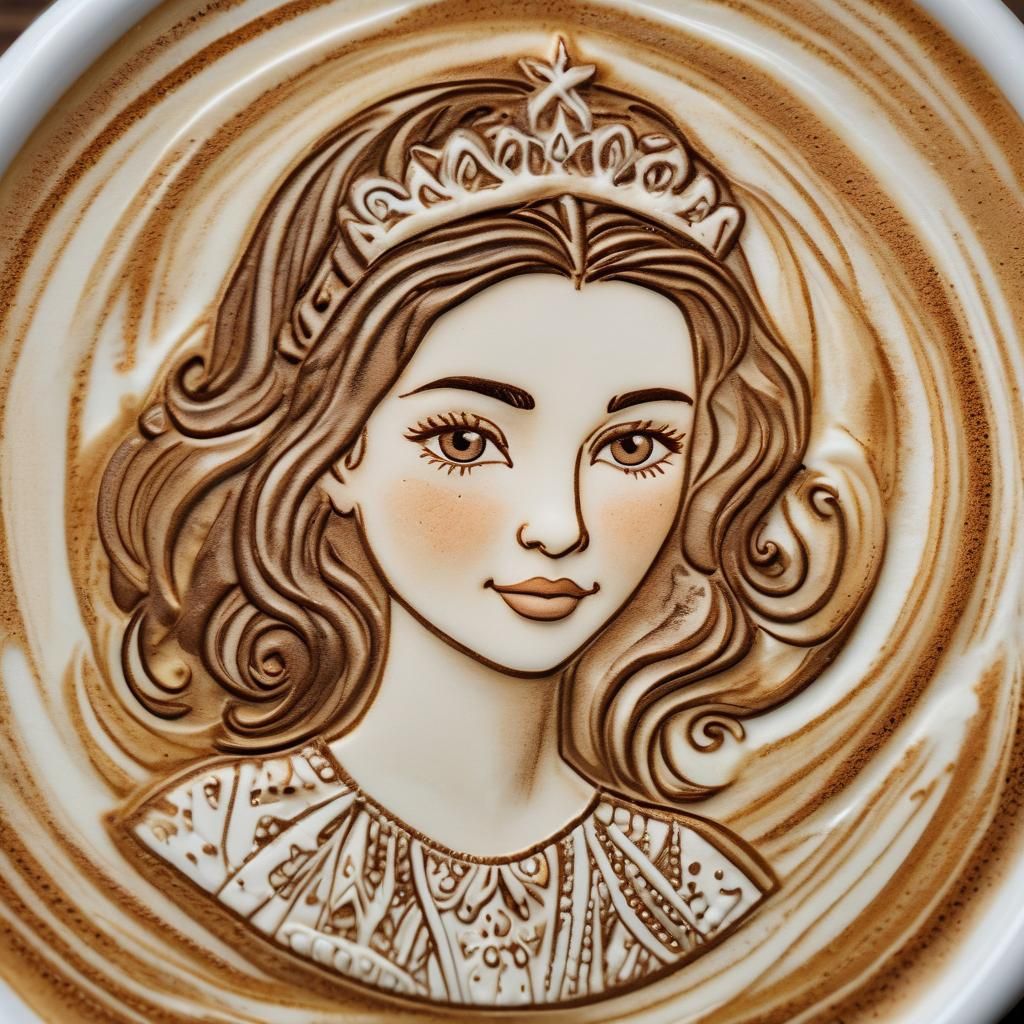 Latte art photography. Midle shot. Barista's hands create an intricate design of a beautiful princess's face on a latte....
