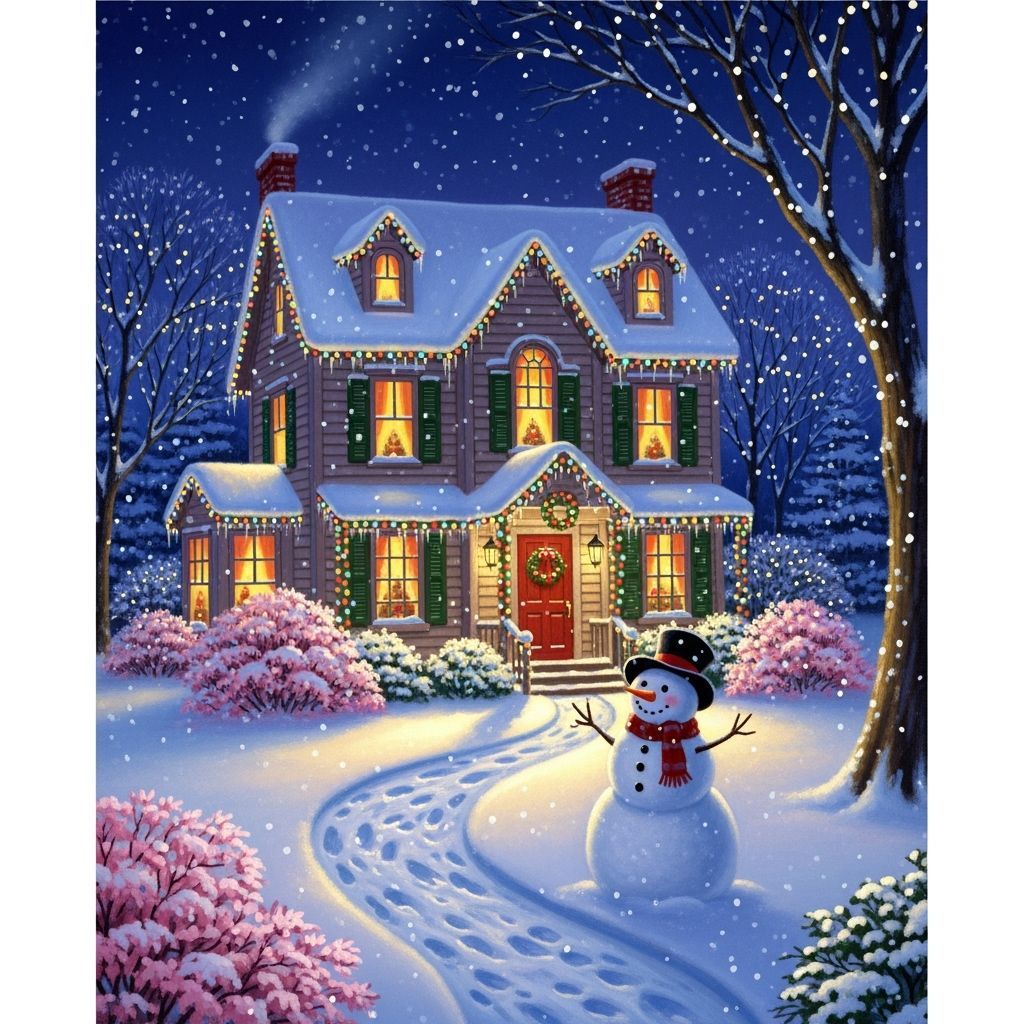 Cozy Snow-Covered House with Twinkling Lights in Winter