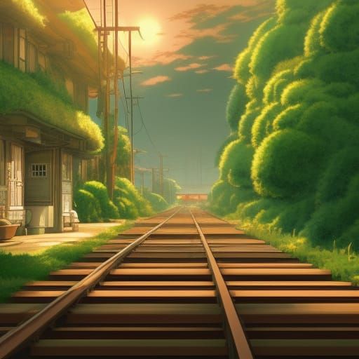 Studio Ghibli Train Tracks in Anime Style