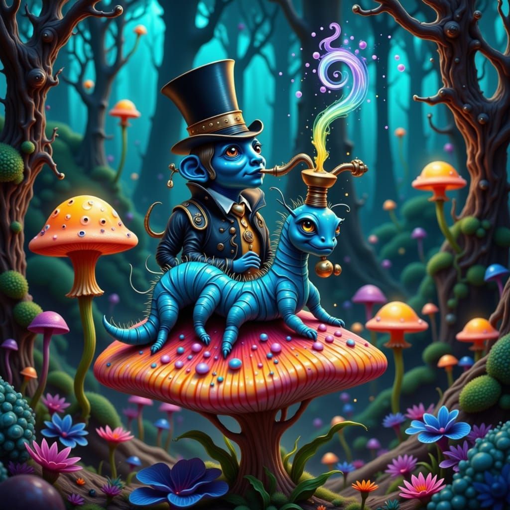 Enchanted Blue Caterpillar Puffs Hookah Amidst Glowing Neon ...