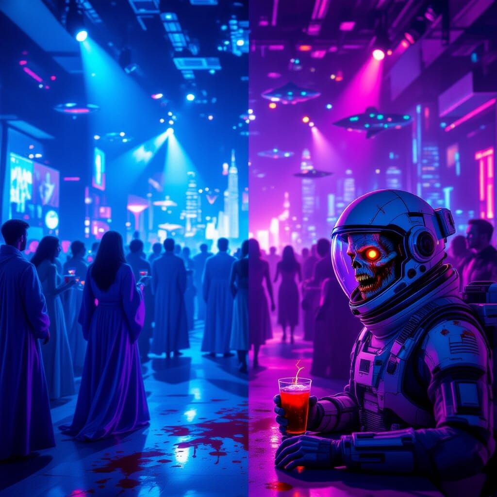 Futuristic Party Scene Split Between Life and Undead