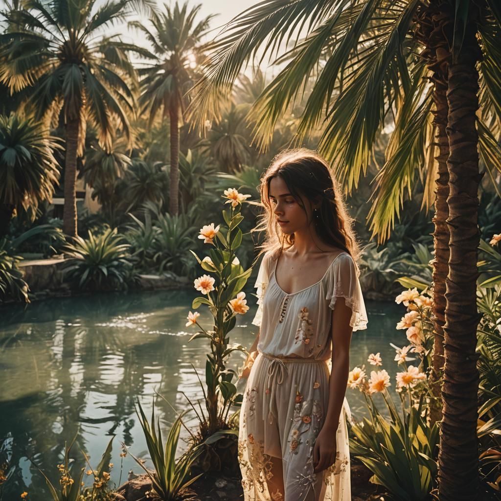 Romantic Oasis Sunset with Waterfall and Palms