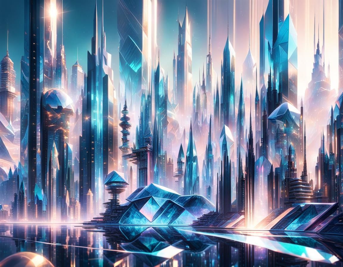 Iridescent Crystalline Cityscape at Magic Hour
