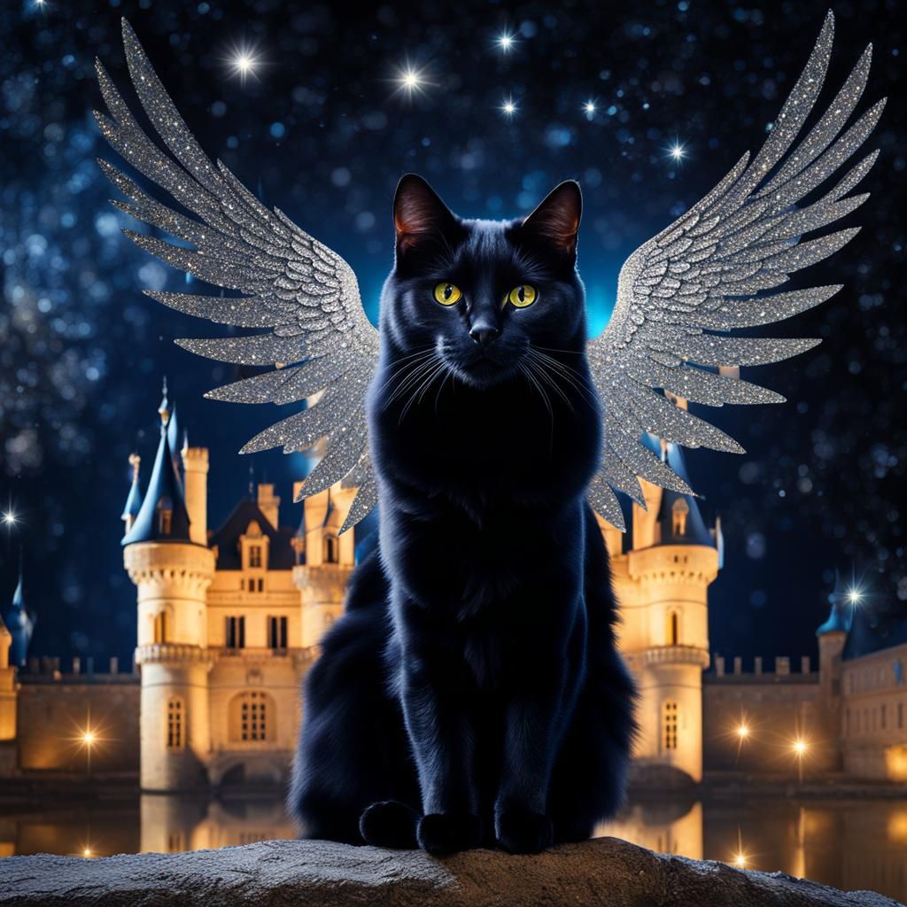 Black Cat with Angel Wings Over Chateau Chenonceau