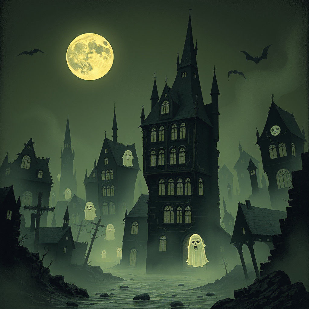Eerie Ghost Town: Gothic Apparitions in Moonlight
