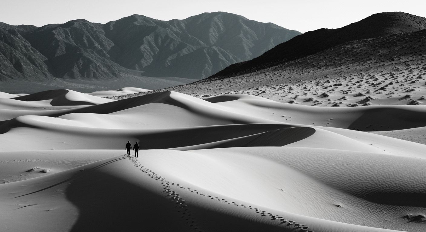 Monochrome Sand Dunes with Figures in Desert Landscape