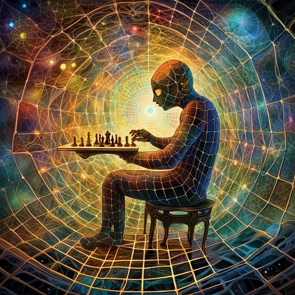 Cosmic 3D Chess in Glowing Spiderweb