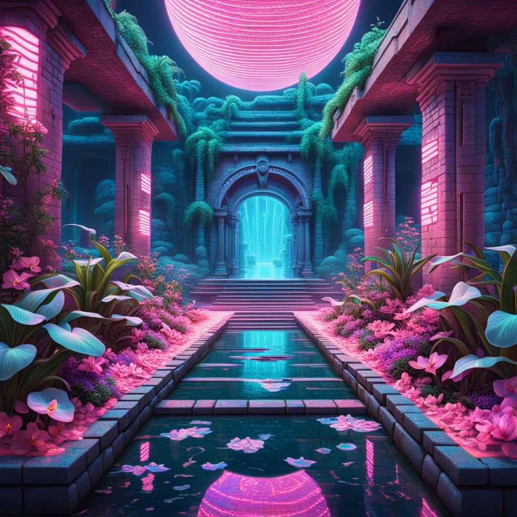 Vaporwave City Entrance Under Pink Neon Light