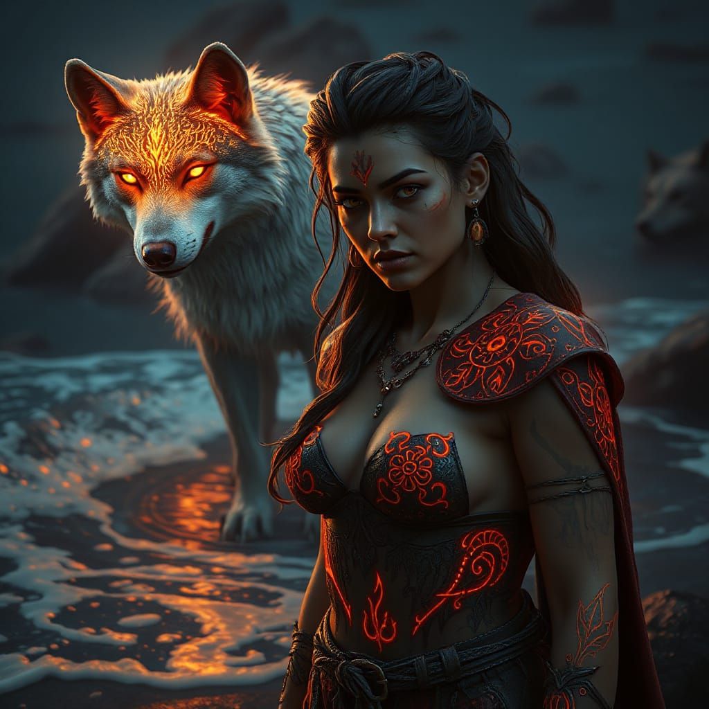 Goddess-Warrior With Fire Wolf On Mystical Shore