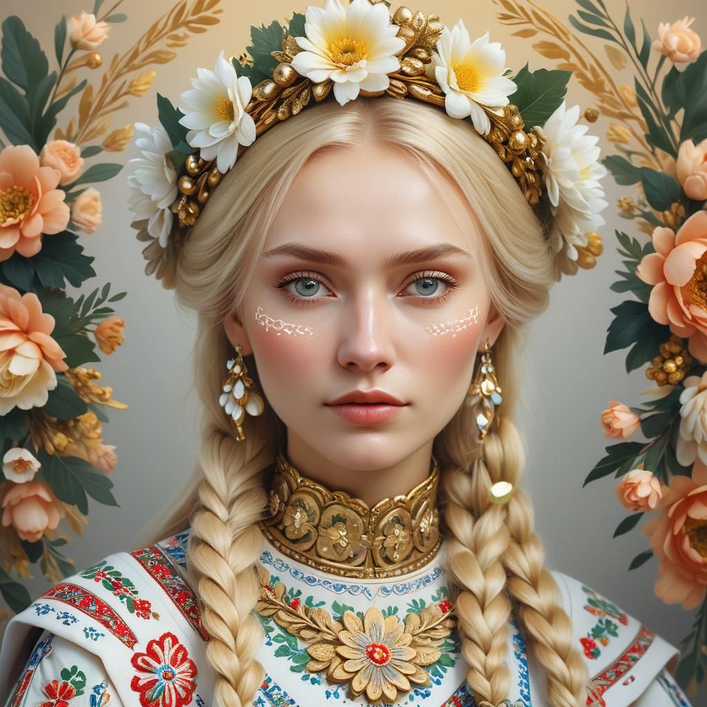 Blonde Beauty in Slavic Dress: A Digital Portrait