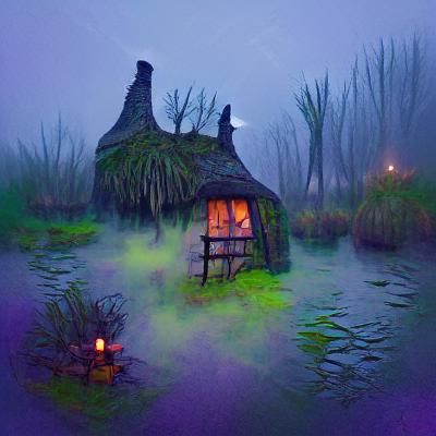 Eerie Witch's Cottage in Foggy Swamp
