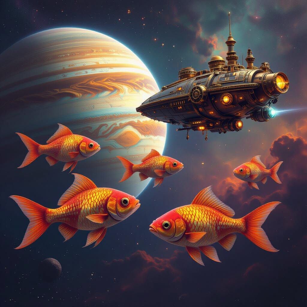 Cosmic Fish & Steampunk Spaceship Near Ringed Planet