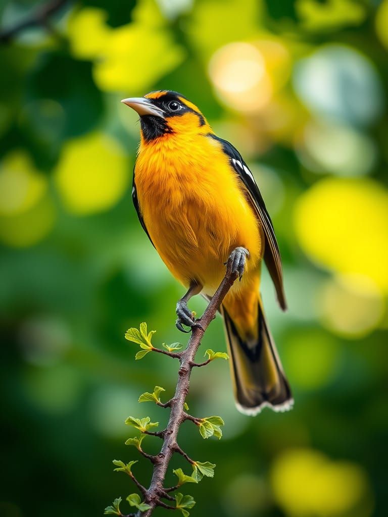 Baltimore Oriole Portrait on Branch with Green Leaves