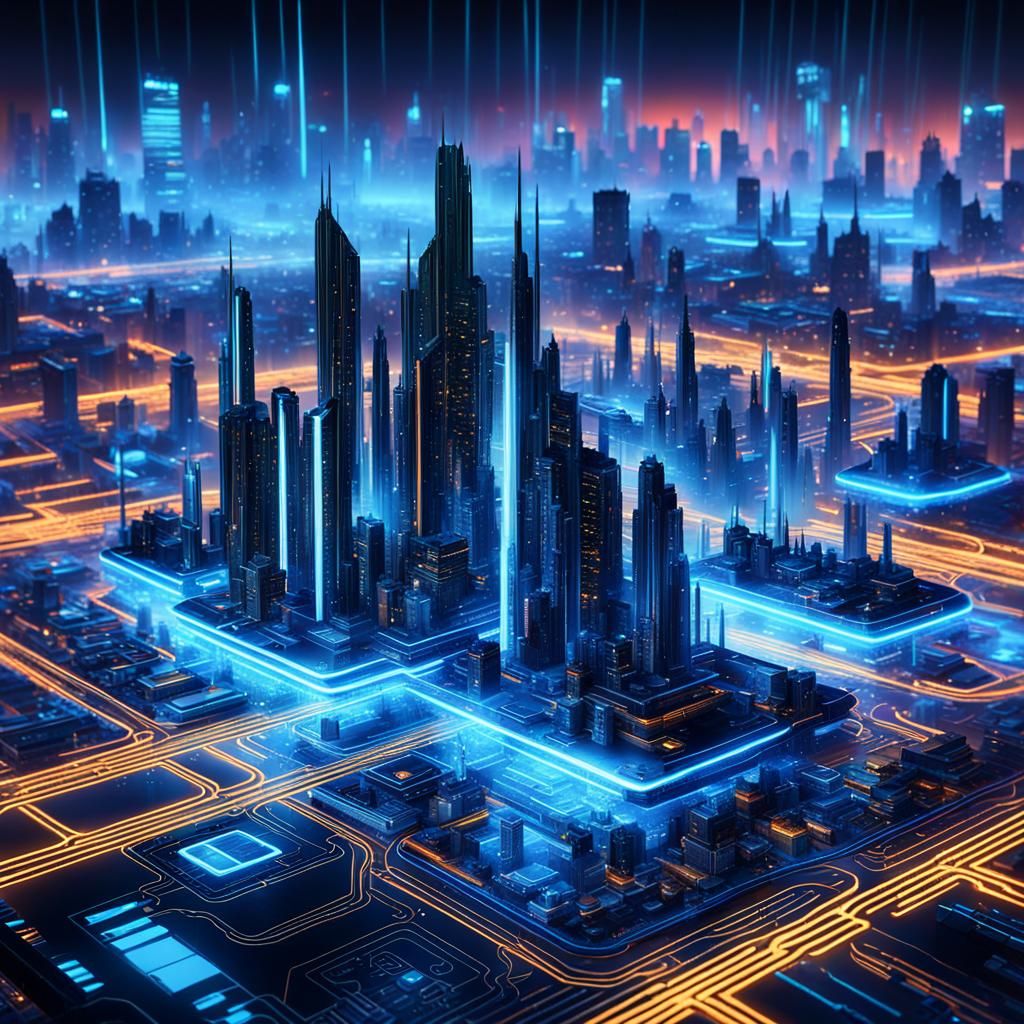 Futuristic Cityscape with Glowing Blue Circuits