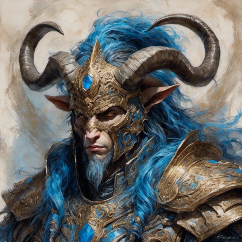 Goat Warrior in Medieval Helmet: Oil Painting