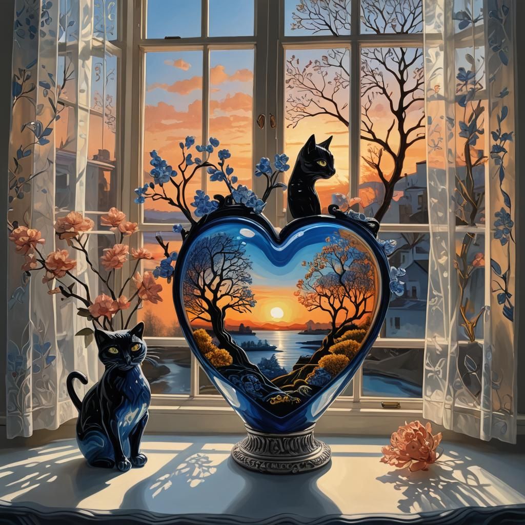 Blue Willow Heart Vase with Cat, Surreal Sunset