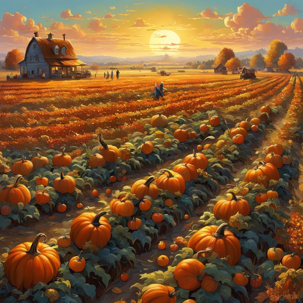 Autumn Pumpkin Field at Sunset, Intricate and Fantastical