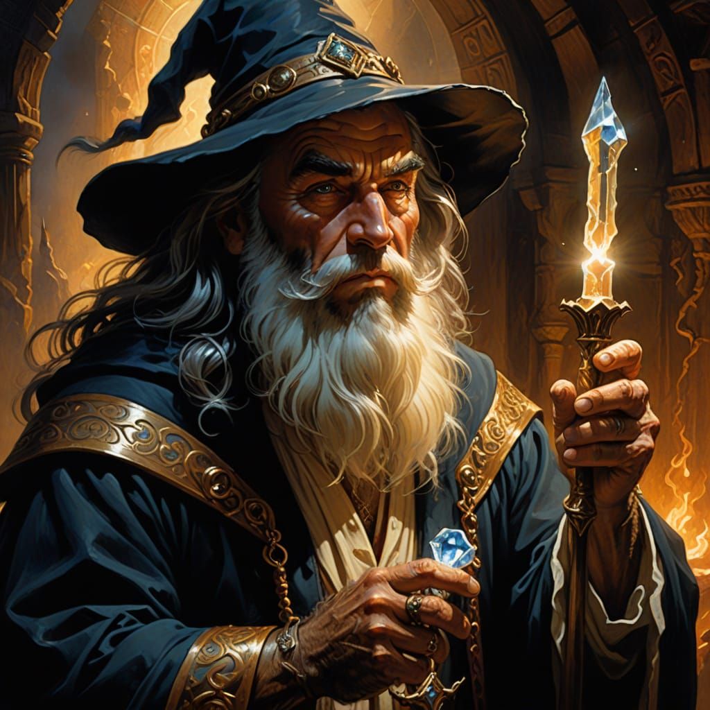 Wise Wizard Portrait with Glowing Crystal Staff