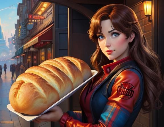 Cute Girl with French Bread in Comic Style