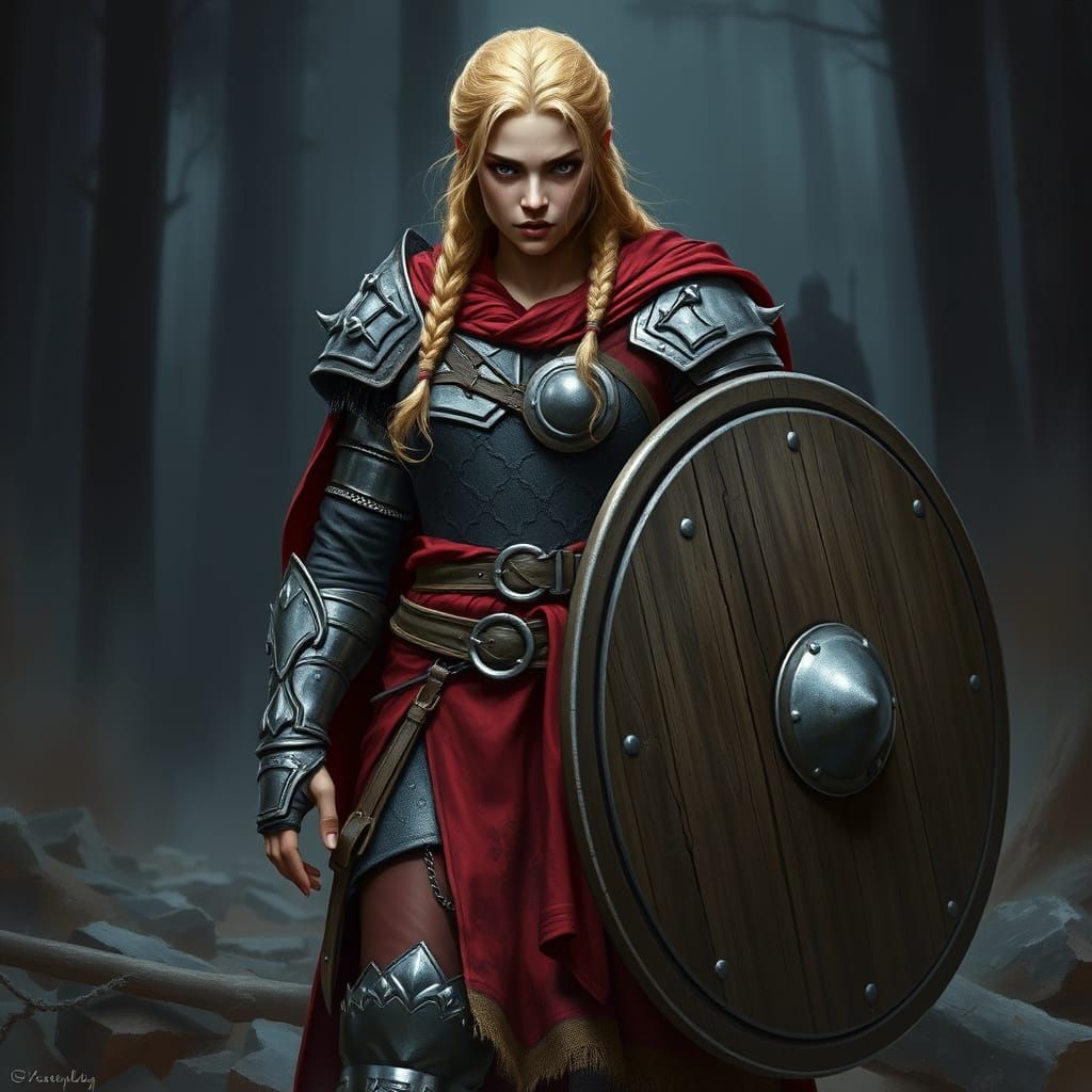 Fierce Blonde Warrior in Silver Armor Holding Wooden Shield