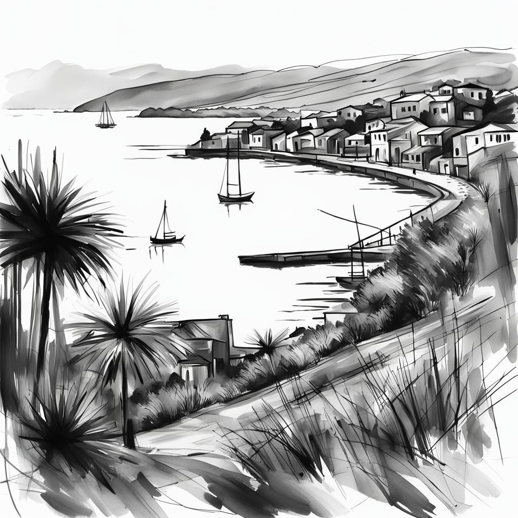 Abstract Black and White Bay Sketch