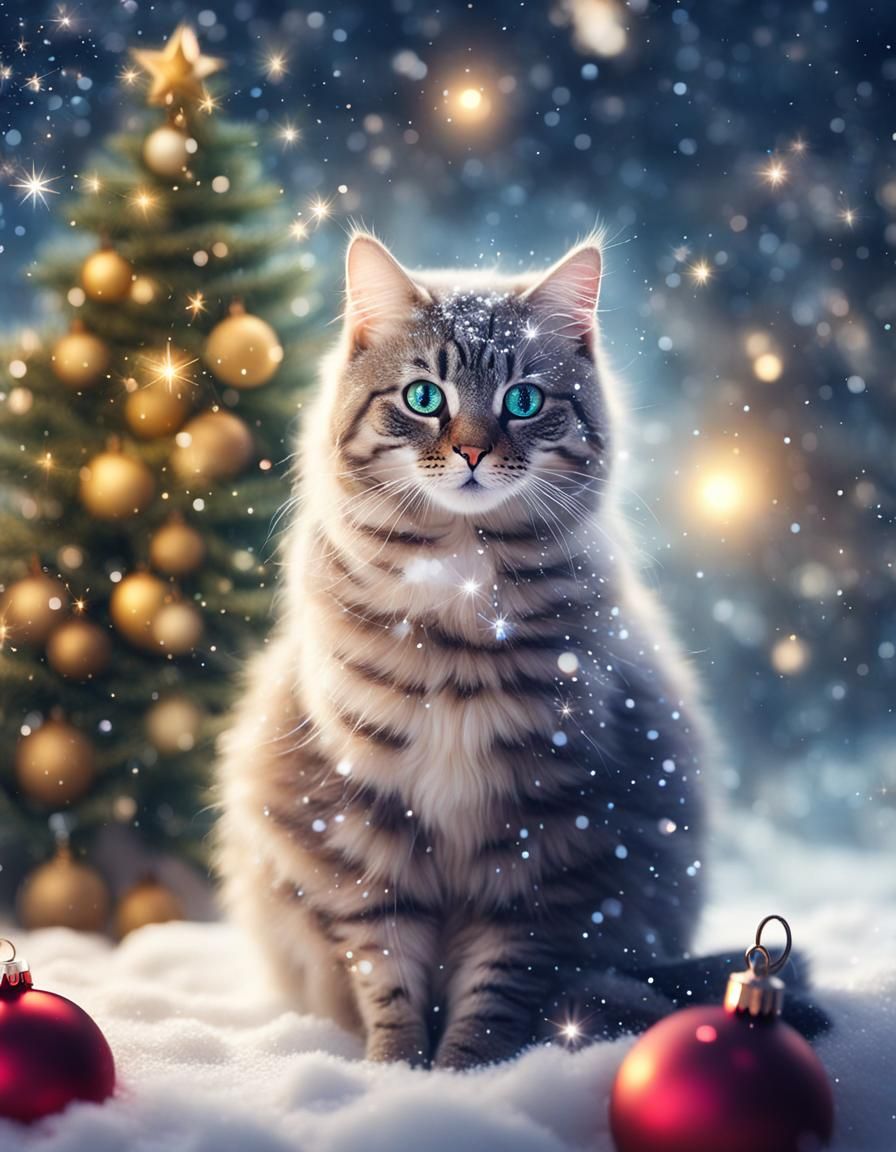Magical Christmas Cat in Sparkling Snow
