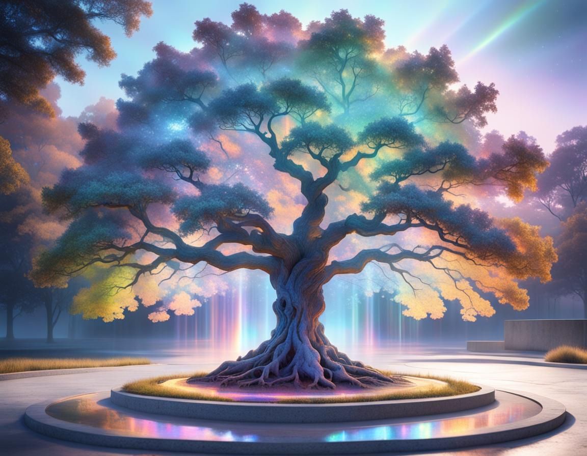 Iridescent Holographic Oak Tree with Volumetric Lighting