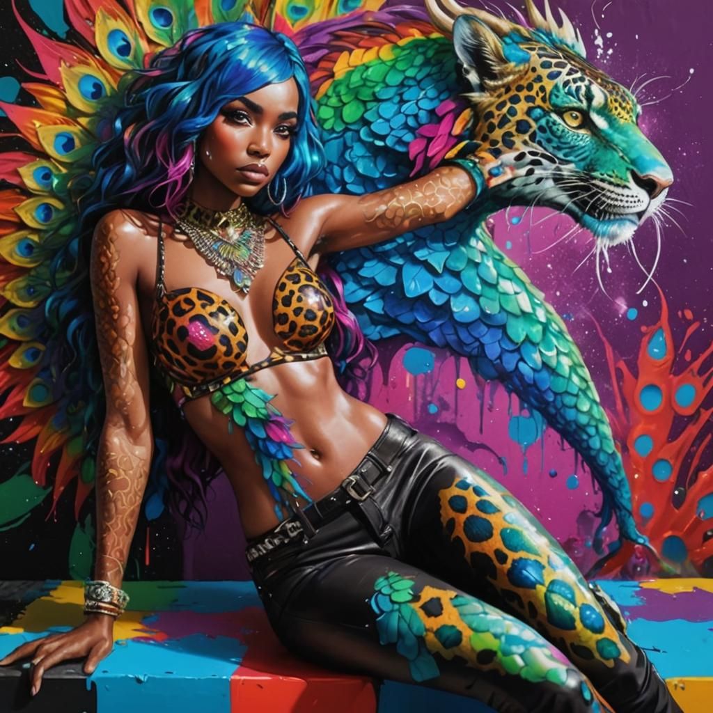 Rainbow Dragon Woman in Graffiti Art Style