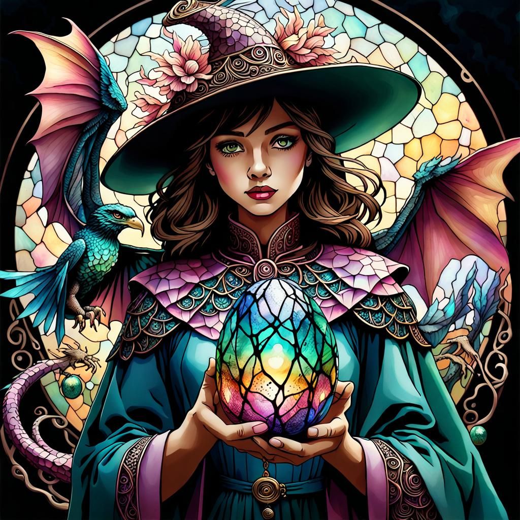 Lady Pixie Hatching Dragon Egg: Intricate Alcohol Ink Art